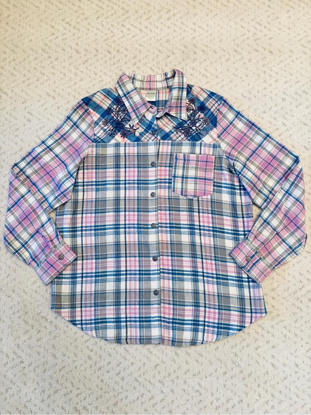 Blair Pastel Plaid Flannel Shirt Size L Brushed Cotton Button Up Embroidered